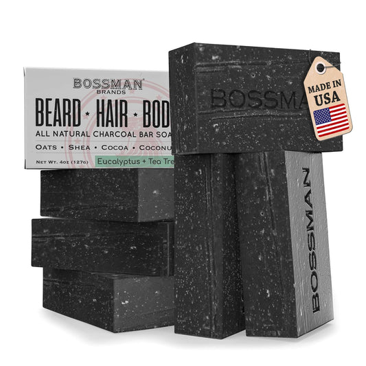 Bossman 6-Pack 4-in-1 Charcoal Soap Bar (4 oz) - Bar Soap for Men - All-Natural Beard Wash, Shampoo, Body Wash & Shaving Solution - Eucalyptus & Tea