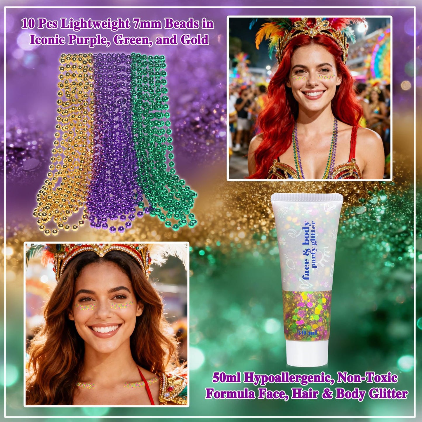 Purple Green Gold Mardigras Face Hair Glitter Makeup Set, for Parade Mask Parties Carnivals, with 10 PCS 7mm Beads Necklaces