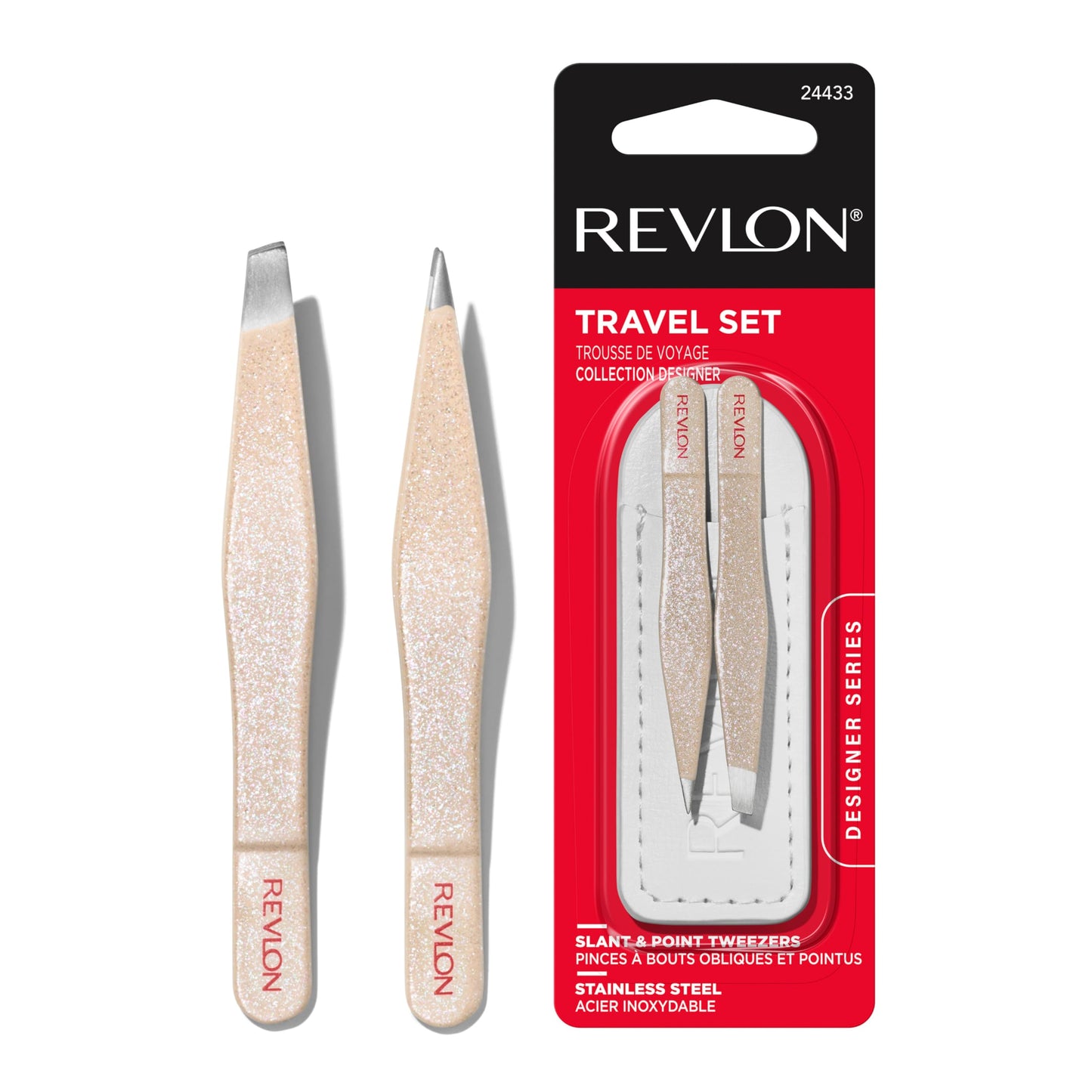 Revlon Designer Series Mini Tweezer Set, Hair Removal Tool Kit with Slant & Point Tips, Portable and Easy to Use, Made with Long Lasting Stainless