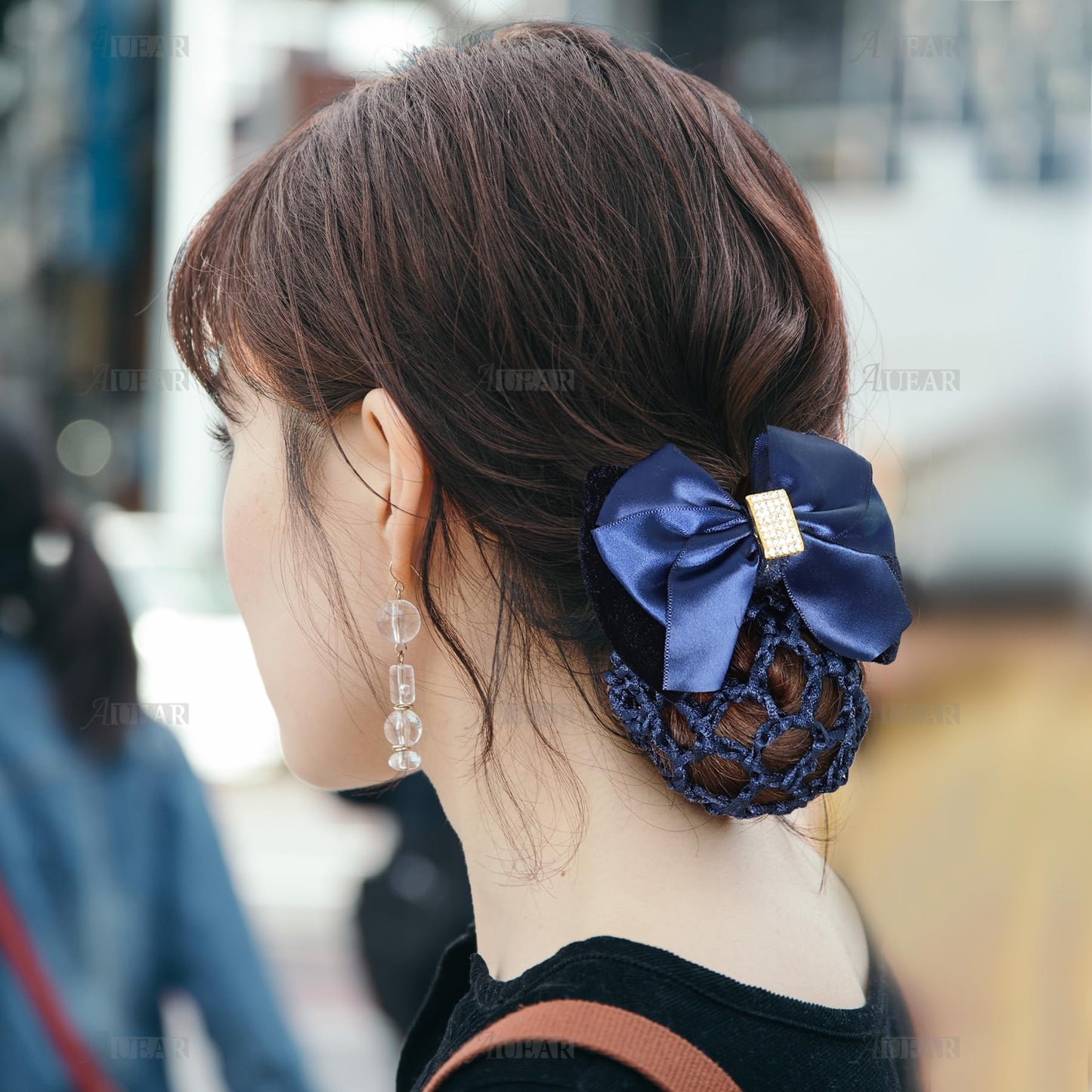 AUEAR, 4 Pcs Satin Hair Bow with Snood Net Barrette Bowknot Clip Bun Cover Hairnets for Women