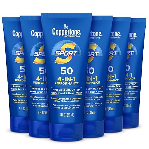 Coppertone Sport Sunscreen Lotion SPF 50, Sweat, Heat and Water Resistant Sunblock, Lightweight, Oxybenzone Free, Travel Size Sunscreen Bulk Pack, 3
