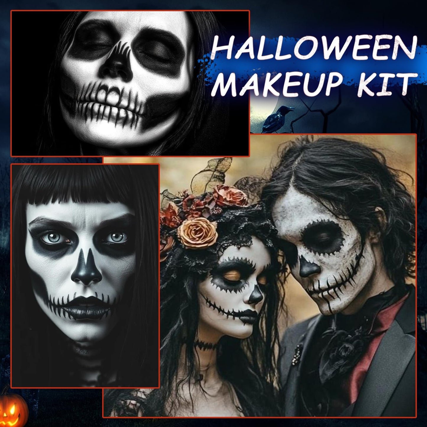 Halloween Skeleton Makeup, Complete Skeleton/Skull Makeup Kit Face Paint SFX Character Set With 1 Brush&3 Sponges, for Clown, Art Cosplay Party