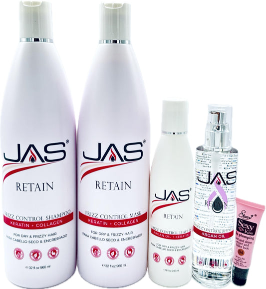 JAS Retain Port Treatment with Keratin + Collagen Shampoo 32 fl oz, Mask 32 fl oz, Leave in Cream 8 fl oz and Styling Serum with Vitamin E 5 fl oz Beauty & Personal Care JAS Systems