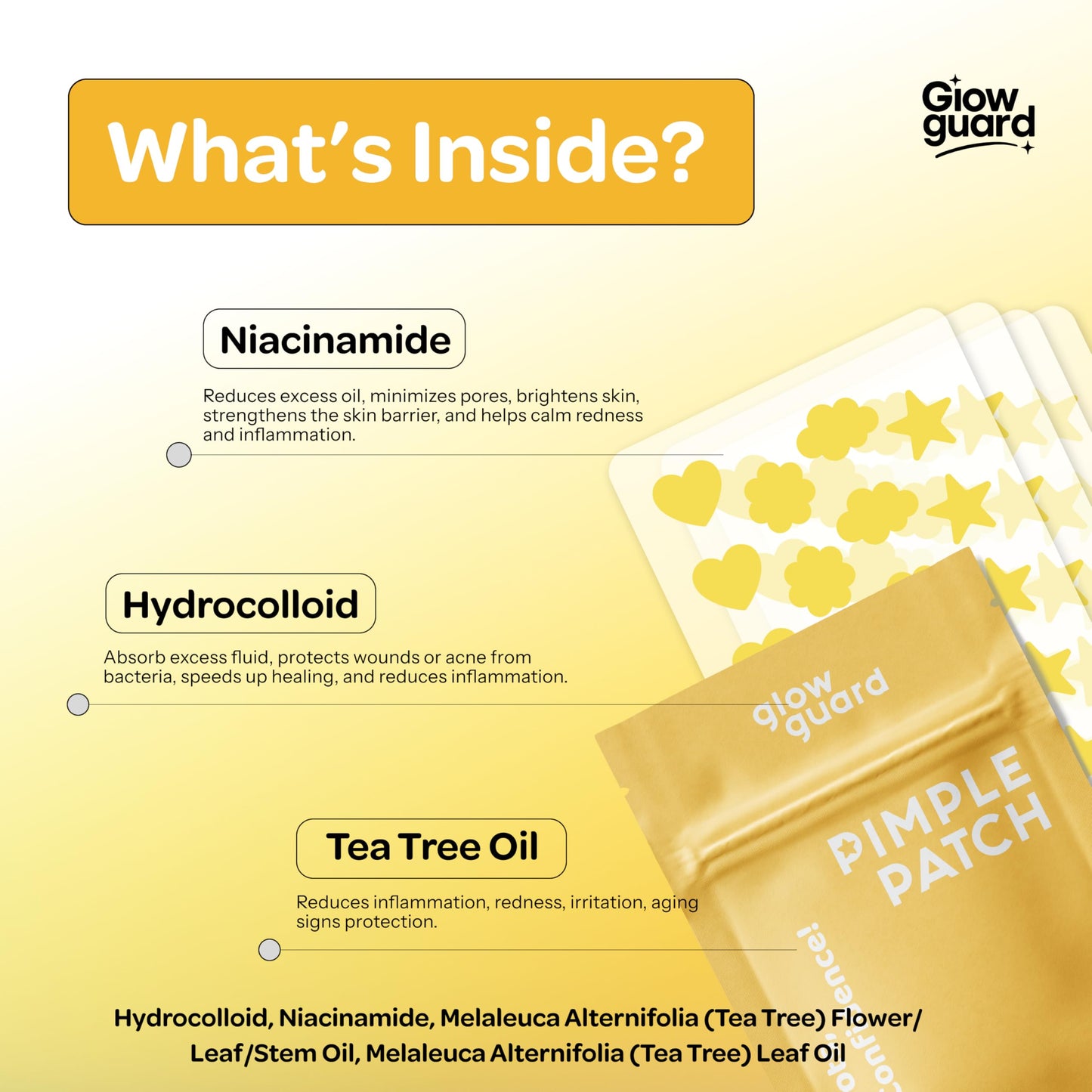 Glow Guard Pimple Patches with Hydrocolloid & Niacinamide - Dermatologist Tested, Anti Aging, Korean Skin Care - Yellow Shields Spots, Absorbs Oil