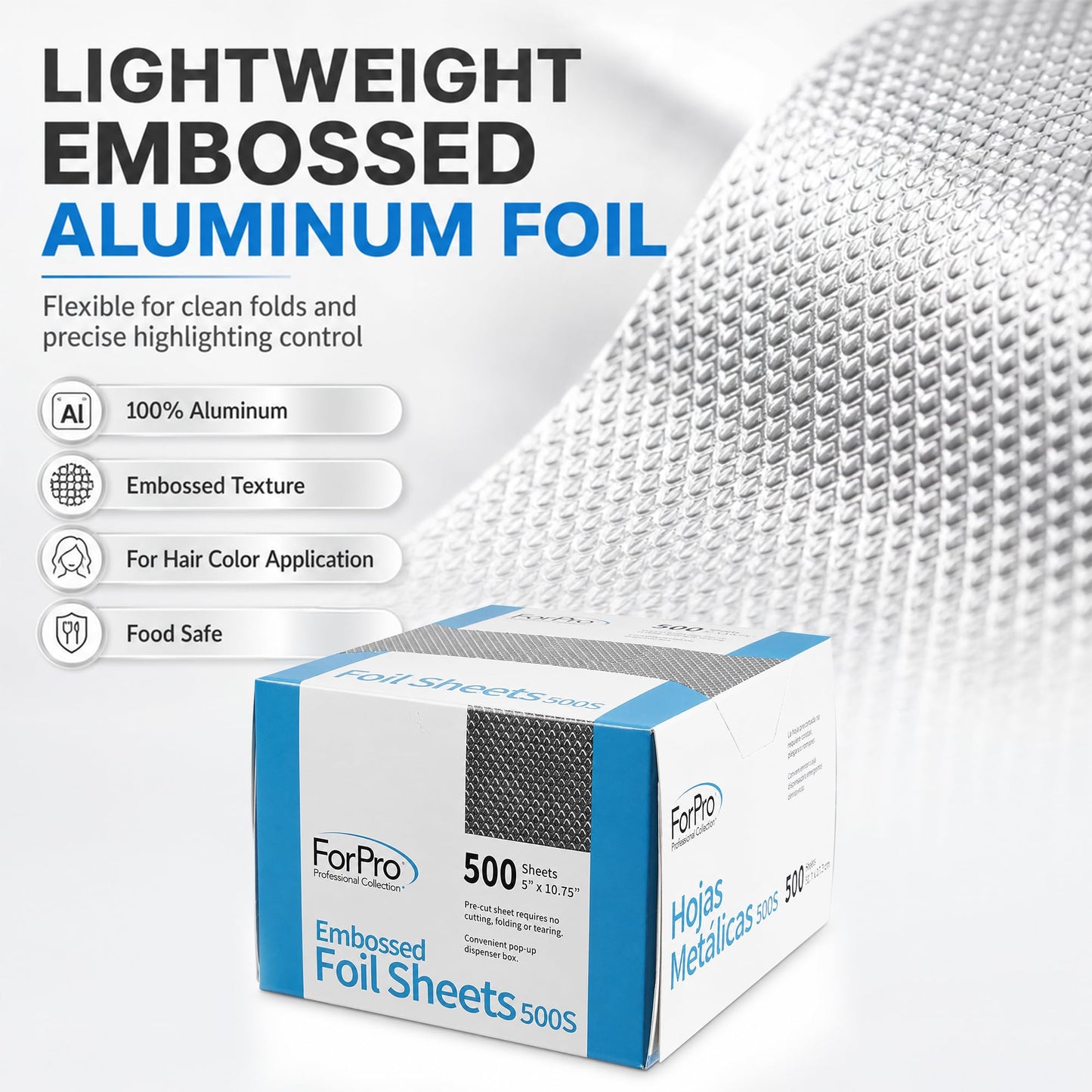 ForPro Professional Embossed Pop-Up Hair Foil Sheets for Salon Hair Color & Highlights, Pre-Cut Aluminum Foils, Non-Slip Embossed Texture, 5" W x
