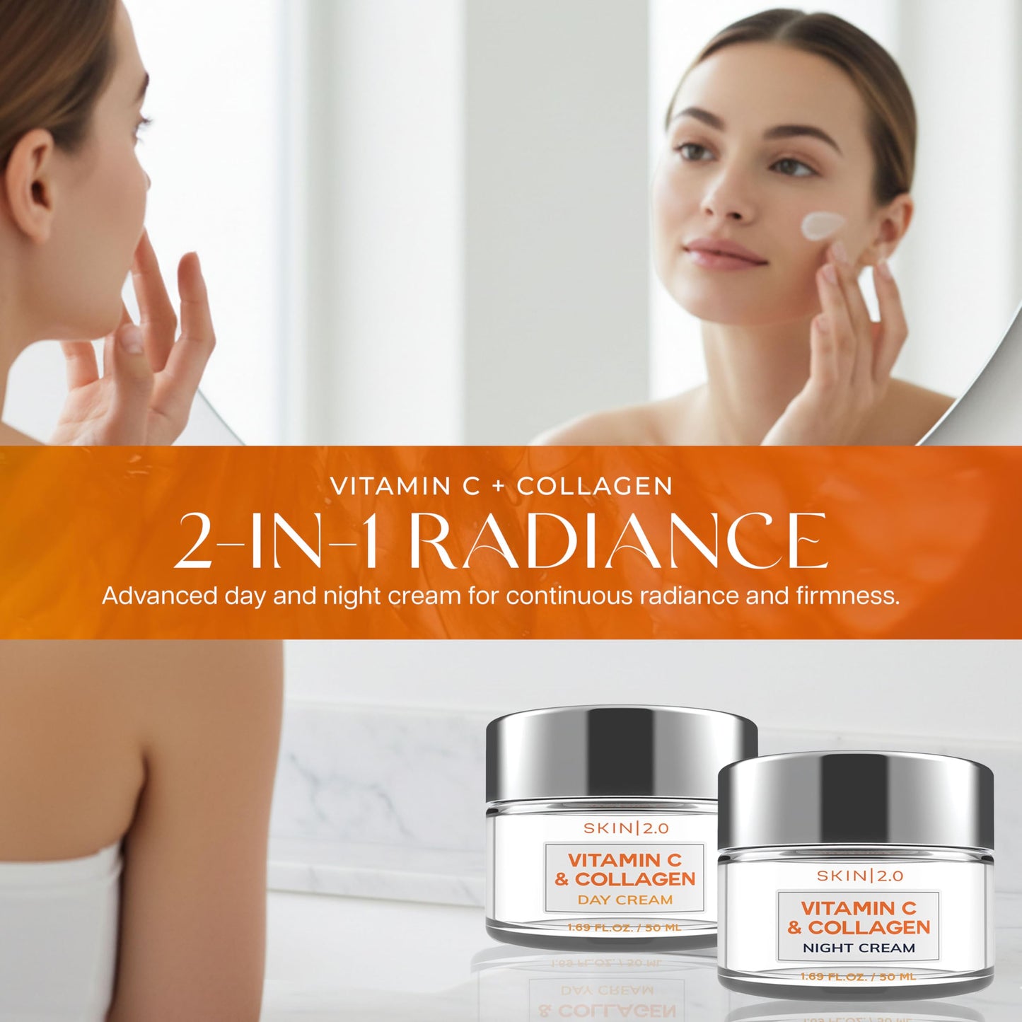 Skin 2.0 Vitamin C & Collagen Face Moisturizer - Anti Aging Day & Night Cream for Smooth & Radiant Skin, Firms & Restores Dull Complexion