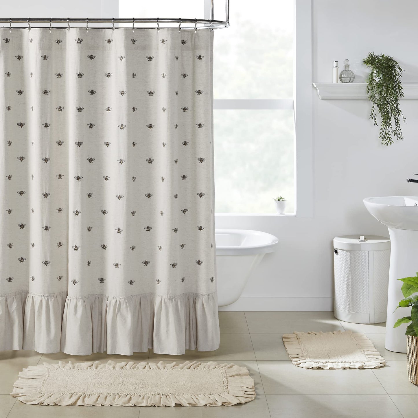 VHC Brands Embroidered Bee, Farmhouse Bathroom Shower Curtain, Ruffled, Creme Yellow Grey, 72x73