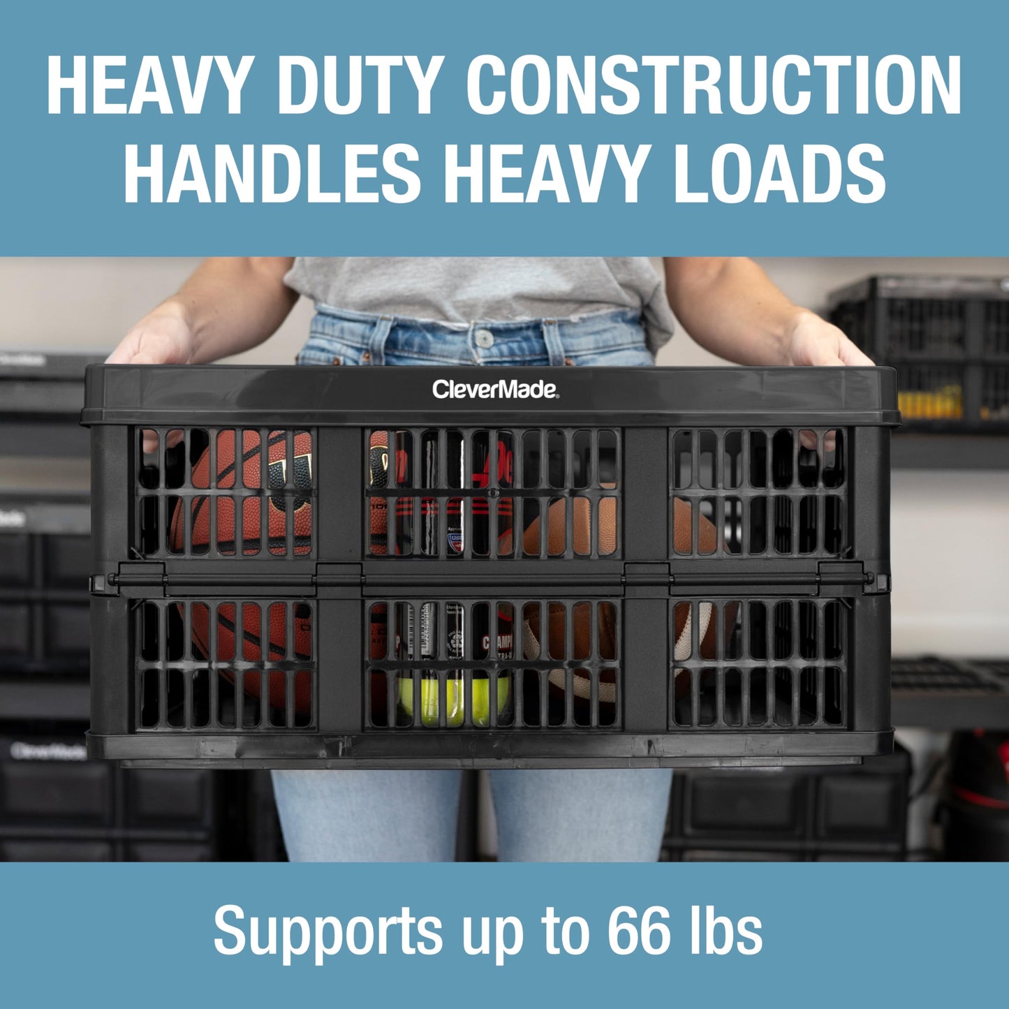 CleverMade Collapsible Utility Crates-Obsidian 1pck 45L / 11 Gal holds 66 lbs - Stackable Containers Heavy Duty Capacity Crates - Space-Saving Baskets