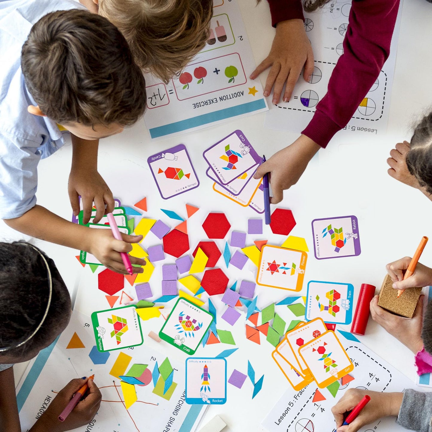 LovesTown 209 PCS Wooden Pattern Blocks | Geometric Shapes with Activity Cards & Storage Bag | Educational Tangram Puzzle Gift for Kids