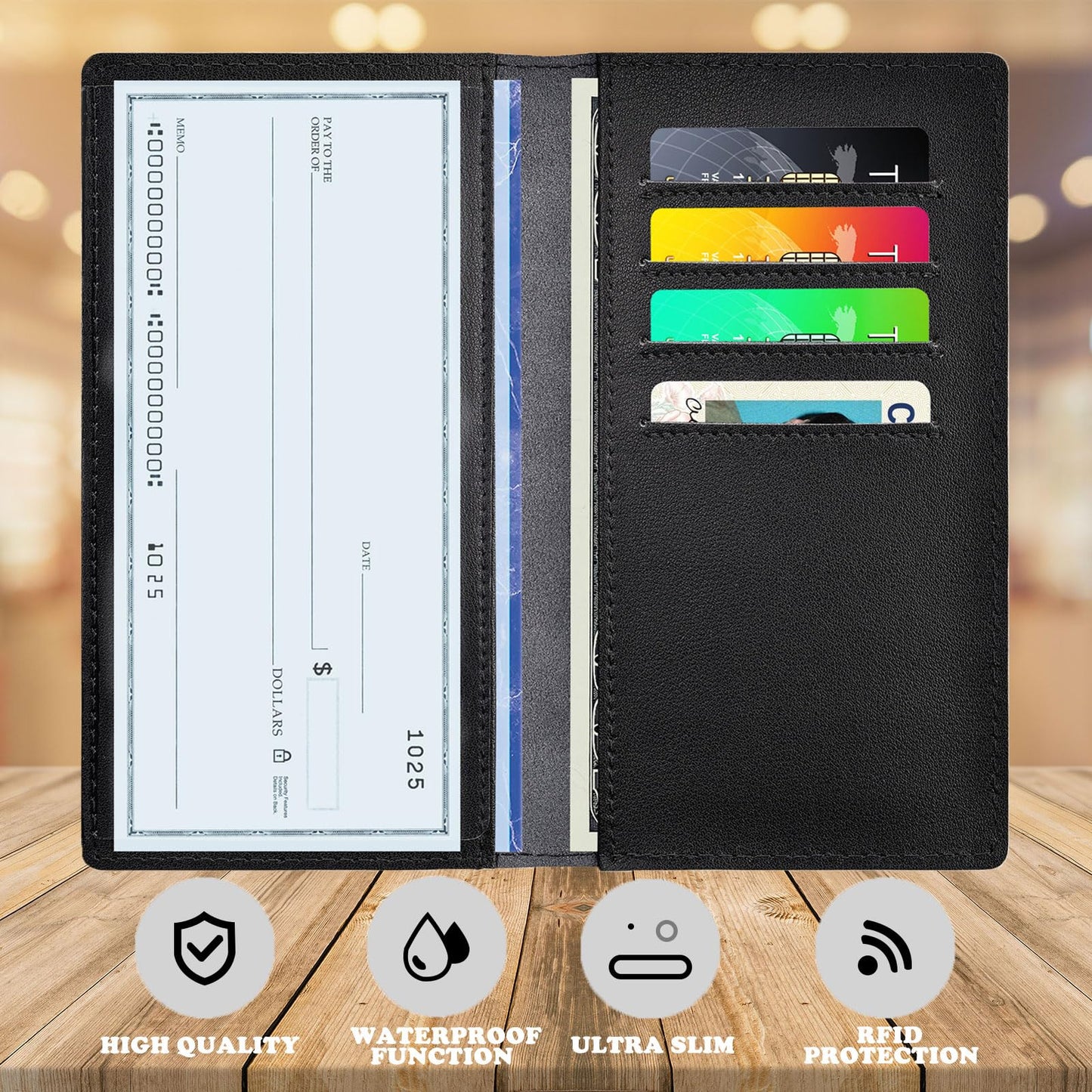 Black Checkbook Covers for Personal Duplicate Checks, Genuine Leather Checkbooks Register Cover Holder Wallets for Women & Men (Black)