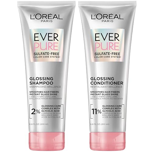 L’Oreal Paris Sulfate Free Glossing Shampoo and Conditioner Set with Glycolic Acid, Provides Intense Glass Shine & Smoothness, Suitable for Dull, Dry