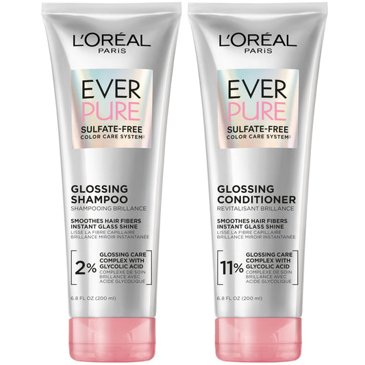 L’Oreal Paris Sulfate Free Glossing Shampoo and Conditioner Set with Glycolic Acid, Provides Intense Glass Shine & Smoothness, Suitable for Dull, Dry