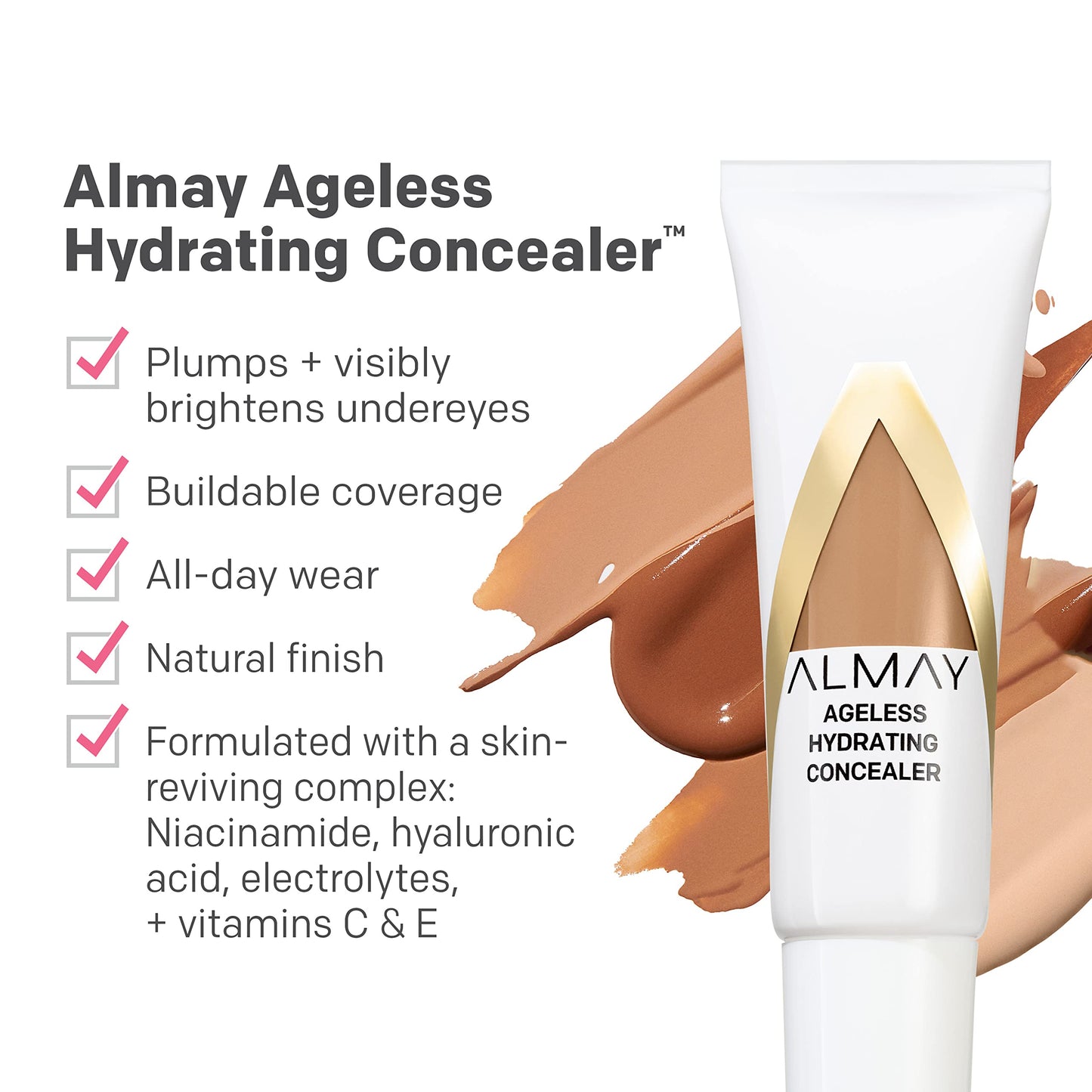 Almay Anti-Aging Concealer, Face Makeup with Hyaluronic Acid, Niacinamide, Vitamin C & E, Hypoallergenic, -Fragrance Free, 020 Light Medium, 0.37 Fl