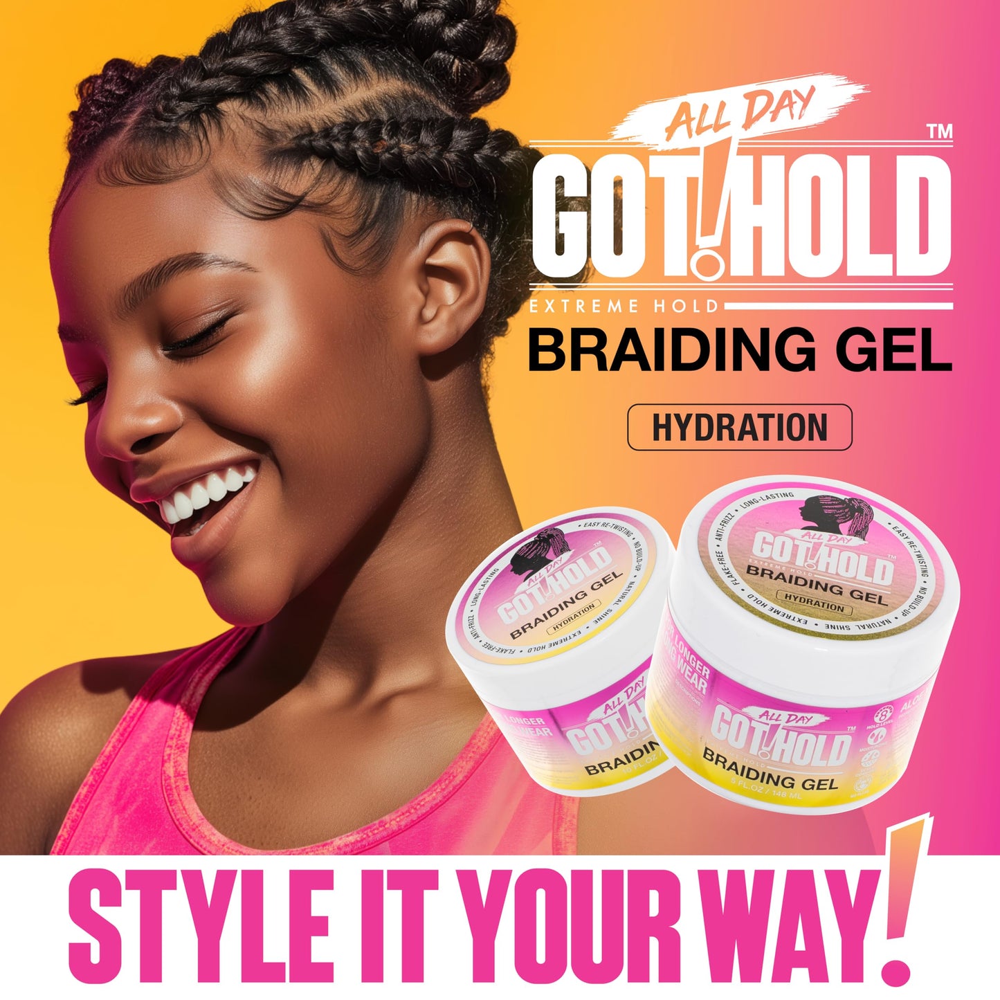 ALL DAY GOT HOLD Braiding Gel for Braids, Twists & Protective Styles (Hydration) - Strong Hold with Aloe & Rose Water - Non-Flaking Styling Gel