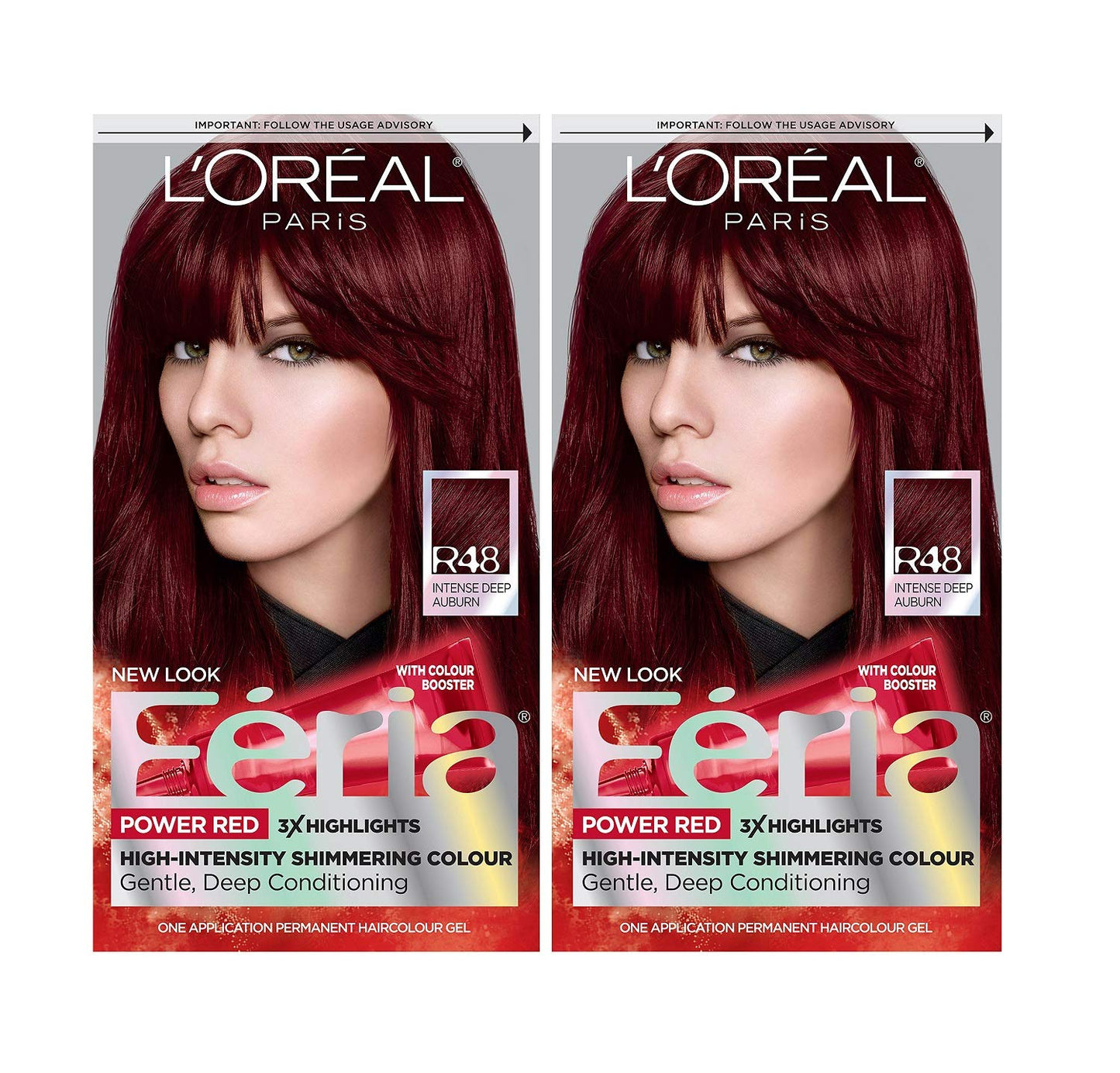 L'Oreal Paris Feria Multi-Faceted Shimmering Permanent Hair Color, R48 Intense Deep Auburn, Hair Dye Kit, Pack of 2