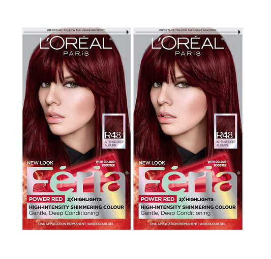 L'Oreal Paris Feria Multi-Faceted Shimmering Permanent Hair Color, R48 Intense Deep Auburn, Hair Dye Kit, Pack of 2