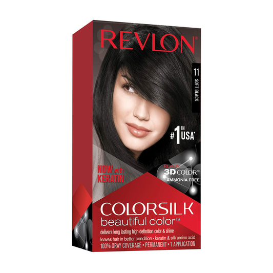Revlon Permanent Hair Color, Permanent Hair Dye, Colorsilk with 100% Gray Coverage, Ammonia-Free, Keratin and Amino Acids, 11 Soft Black, 4.4 Oz (Pack