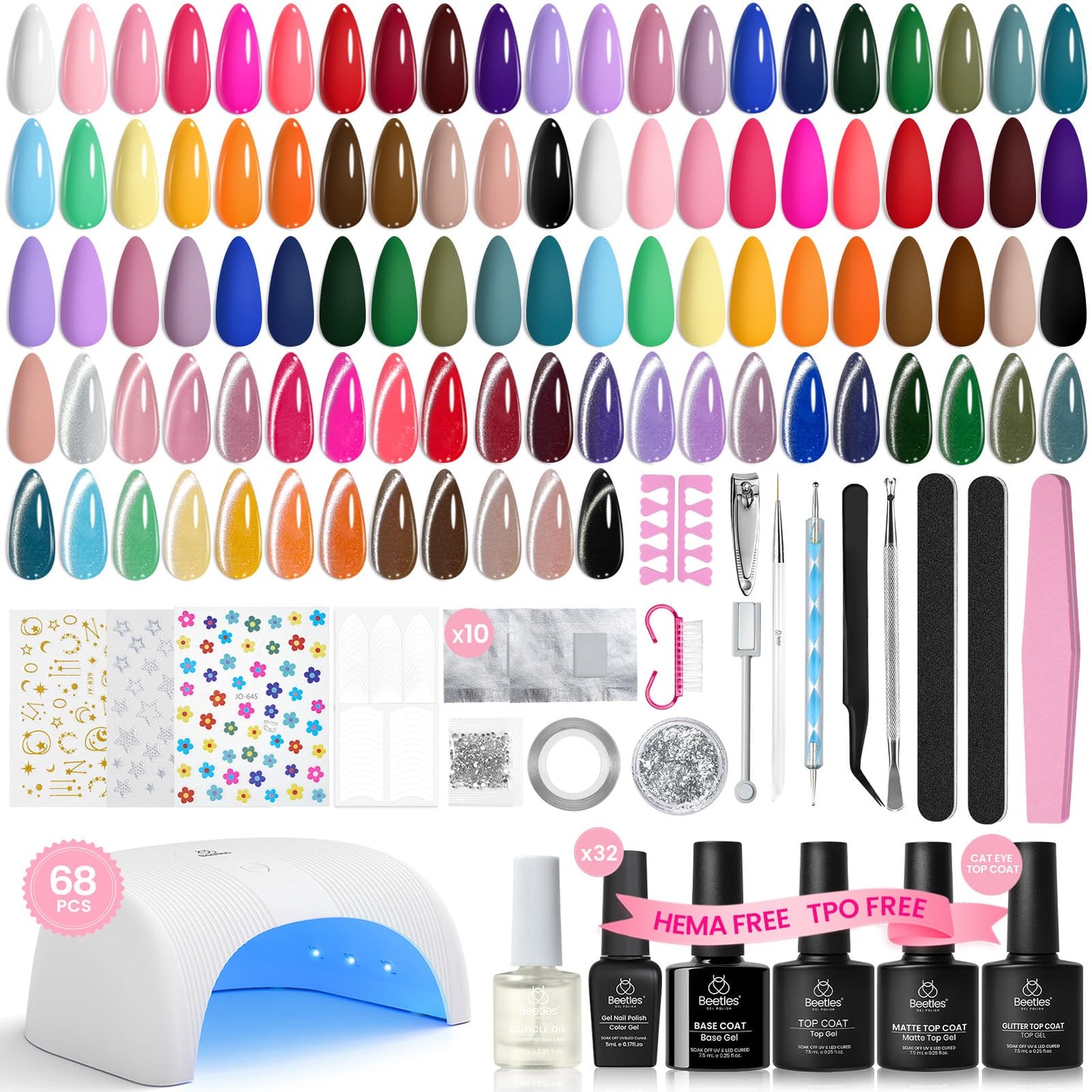 Beetles Deal Box Gel Nail Polish Kit with U V Light - 32 Colors Studio Essentials Gel Polish 68 Pcs Nail Kit with TPO & HEMA Free Base Coat Cat Eye Beauty and Personal Care beetles Gel Polish Default Title