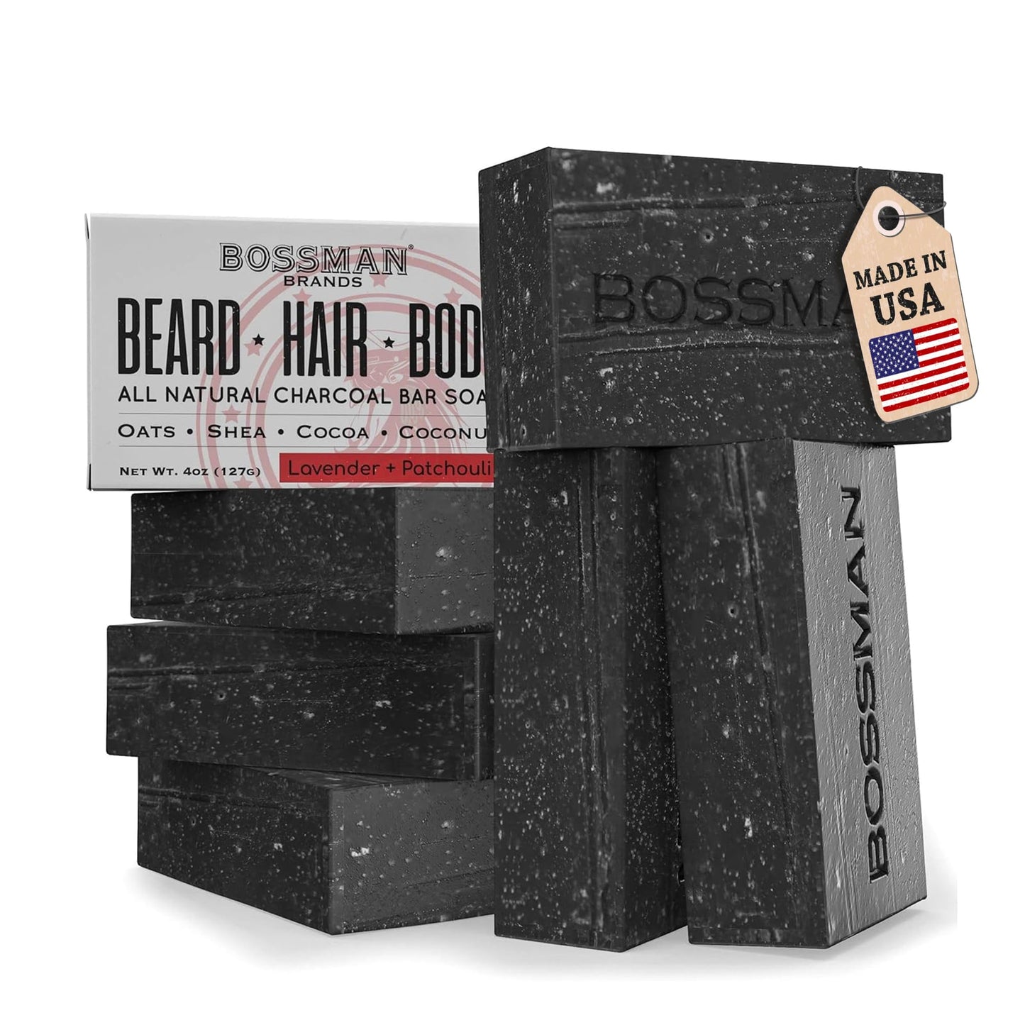 Bossman 6-Pack 4-in-1 Bar Soap for Men – All Natural Organic Beard Wash, Shampoo, Body Wash, Shaving Soap – Lavender & Patchouli Scent