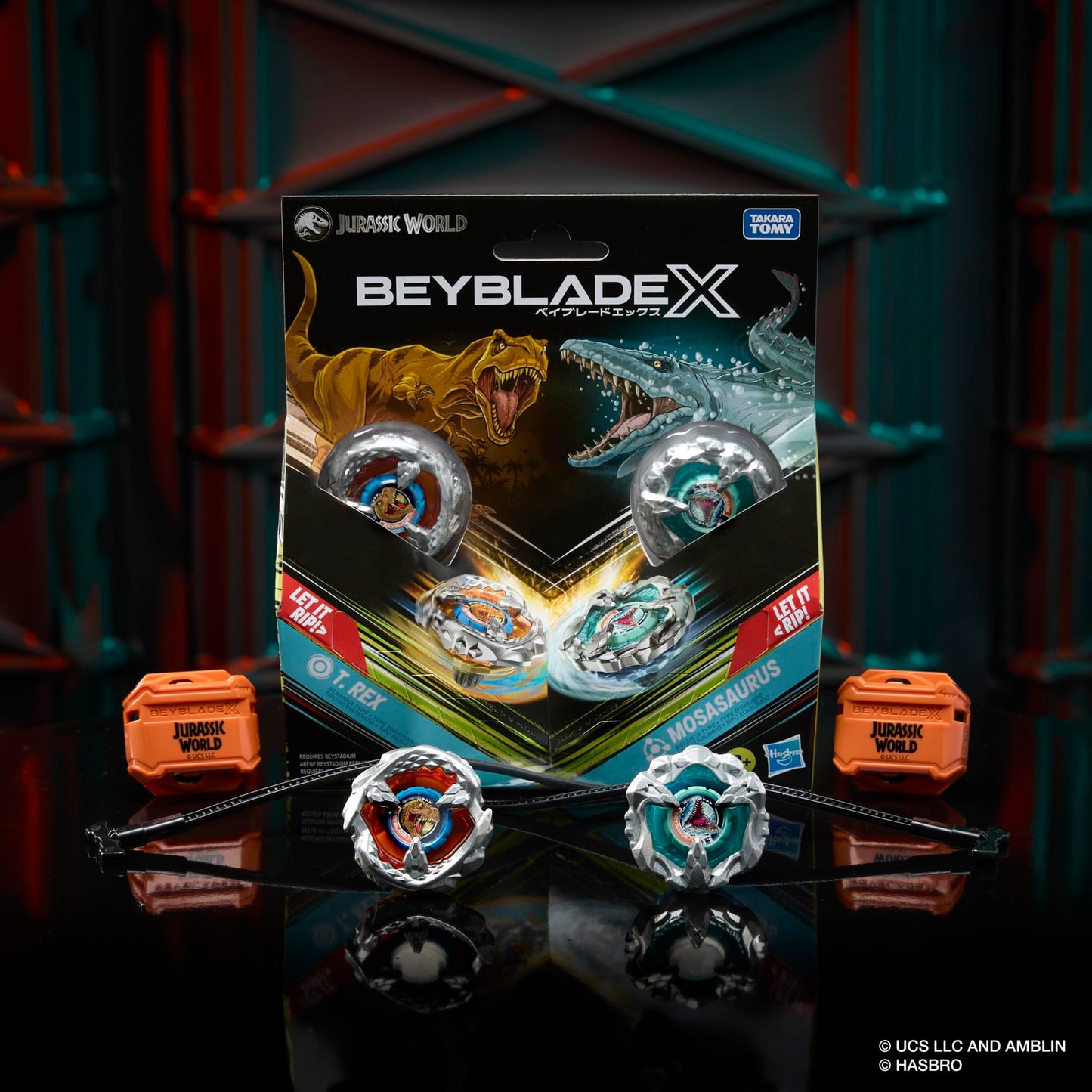 Beyblade X Jurassic World Collab T. Rex vs. Mosasaurus Multipack Set, 2 Takara Tomy Tops, 2 launchers, Battling Top Game, Dinosaur Toys, Ages 8+