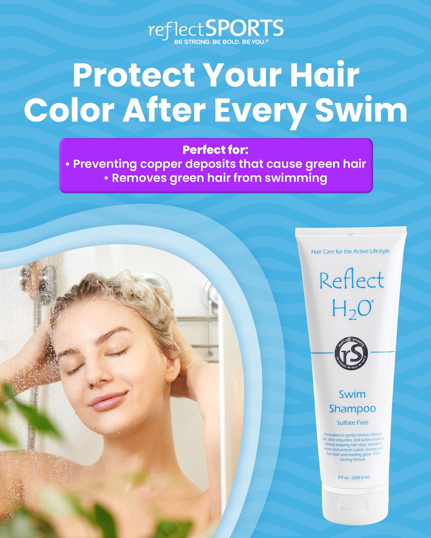 Reflect H?O Swim Shampoo - Sulfate-Free Copper & Chlorine Hair Protection with Keratin, Vitamin E & B5 for Green Hair & Fading - Chlorine Removal
