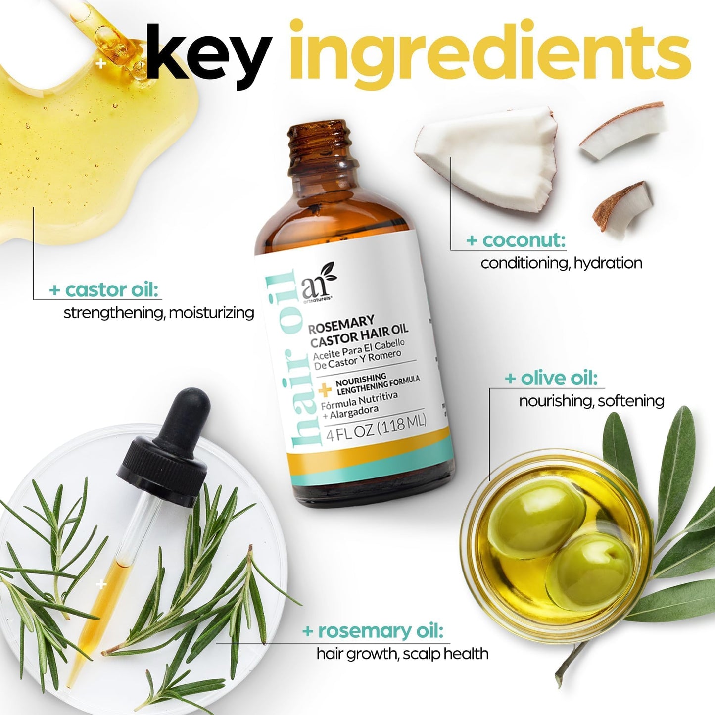 ArtNaturals Organic Rosemary Castor Hair Growth Tonic Oil + Massager Hair Regrowth Set, 4 oz with Coconut & Olive Oil, Scalp Treatment for Dry Beauty and Personal Care Artnaturals