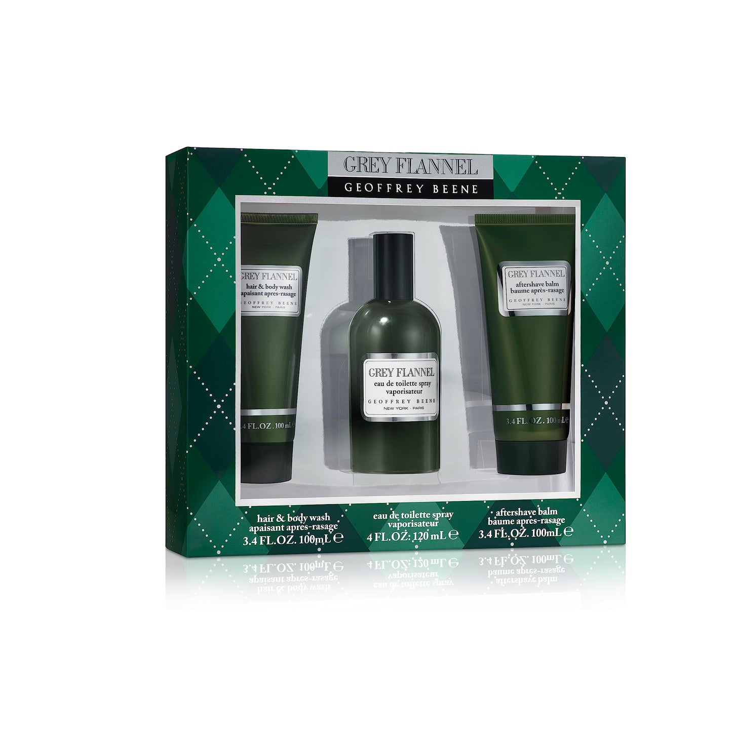 Geoffrey Beene Grey Flannel 3Pcset EDT SPR 4.0 M + 3.4 A/S + 3.4 S/Gel (Clean)