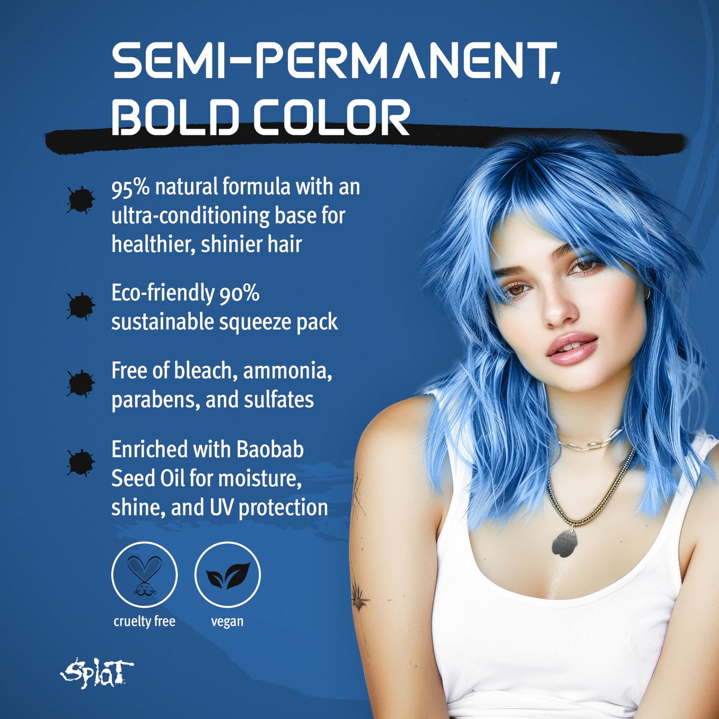 Splat Naturals Semi-Permanent Hair Color, Blue, 6 fl. oz., 95% Natural Hair Dye Formula Lasts Up to 30 Washes, Vegan & Cruelty-Free