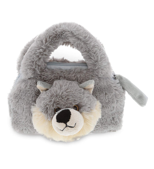 DolliBu Gray Wolf Plush Handbag - Super Soft Plush Stuffed Animal Purse for Children's Accessories, Kids Hand Bag Toy Purse, Pretend Play, Fluffy…