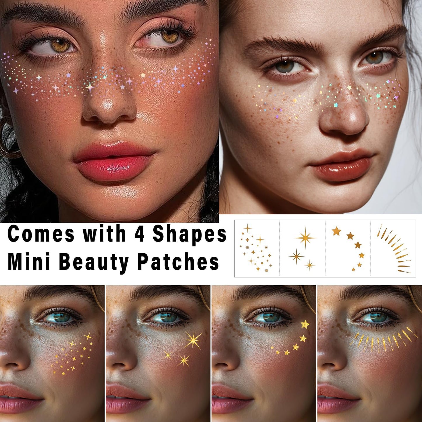Glitter Freckles, Holographic Face and Body Glitter Tattoo Sparkle for Women Gold Glow Cosmetic Star Makeup Accessories for Festival Rave