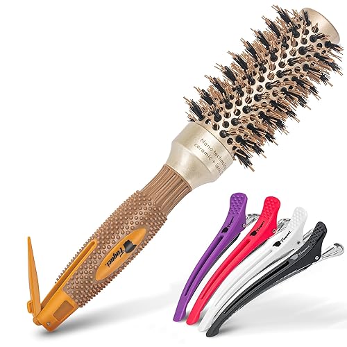 Fagaci Small Round Brush for Blow Drying with Natural Boar Bristle, Hair Styling, Drying, Healthy Hair and Add Volume, Ceramic Gold, Hair Brush + 4