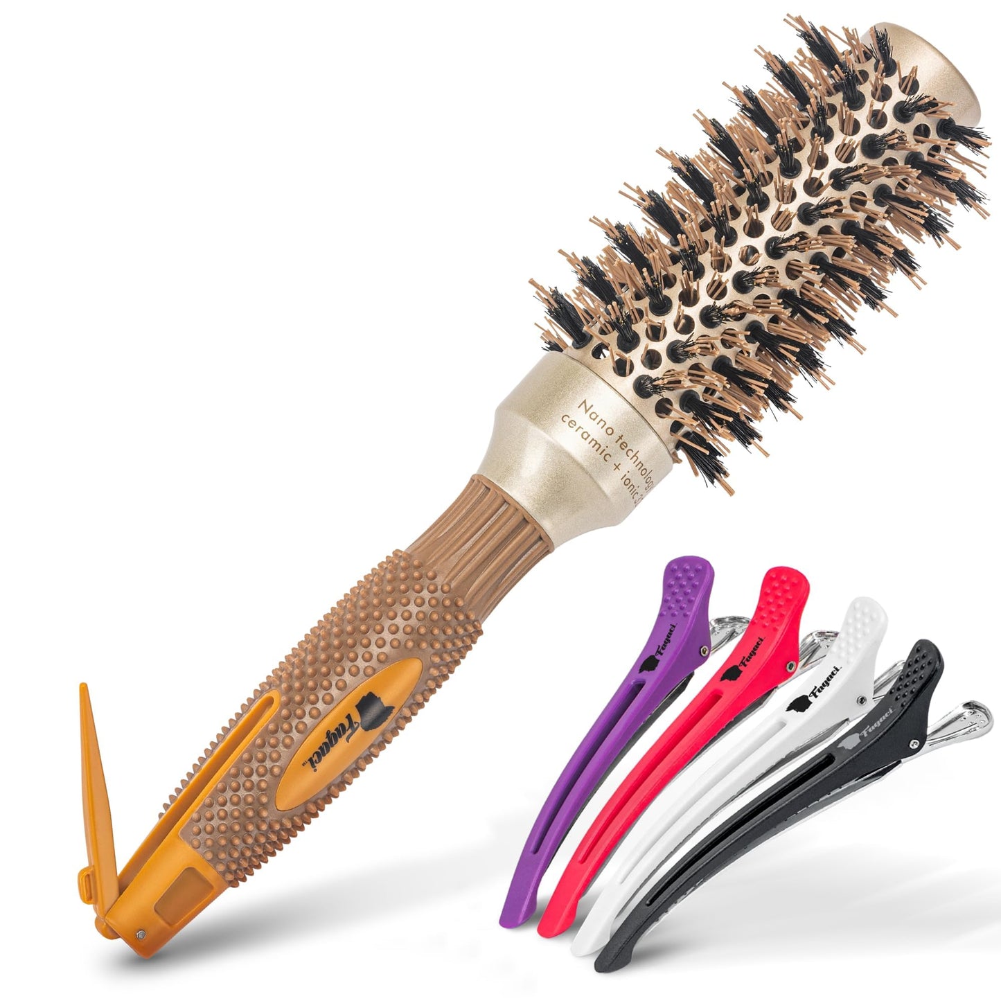 Fagaci Small Round Brush for Blow Drying with Natural Boar Bristle, Hair Styling, Drying, Healthy Hair and Add Volume, Ceramic Gold, Hair Brush + 4
