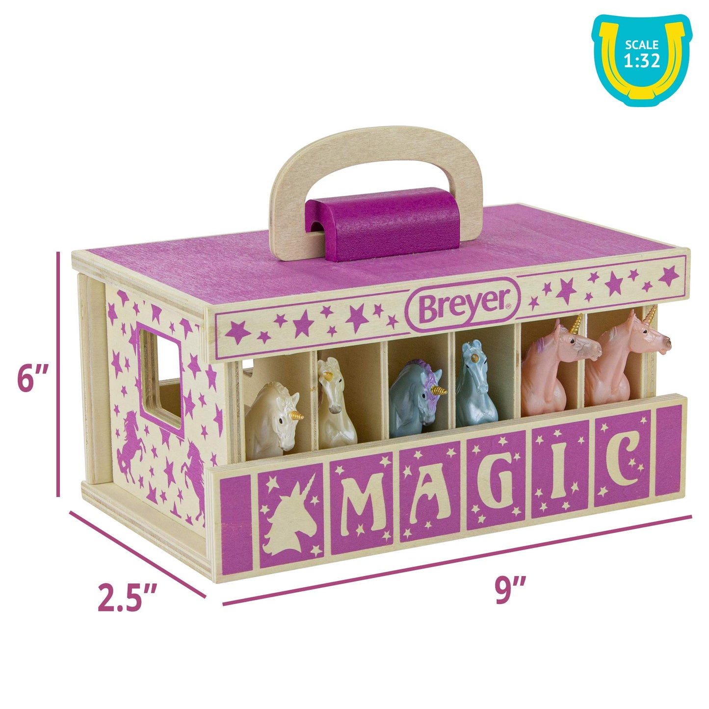 Breyer Unicorn Magic Wooden Carry Stable Playset – 6 Hand-Painted Unicorn Horses in Case, Imaginative Playset & Gift for Kids Ages 4–8