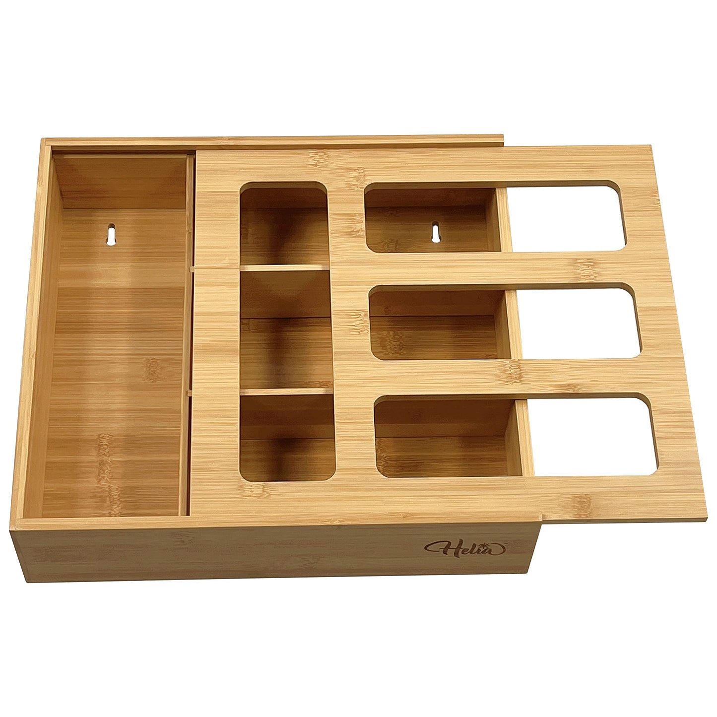 HELIA Bamboo Zip Storage Bag Organizer for Kitchen Drawer and Wall Mount | Solid Bamboo Food Storage Bag Holder | Plastic Bag Organizer for Sandwich…