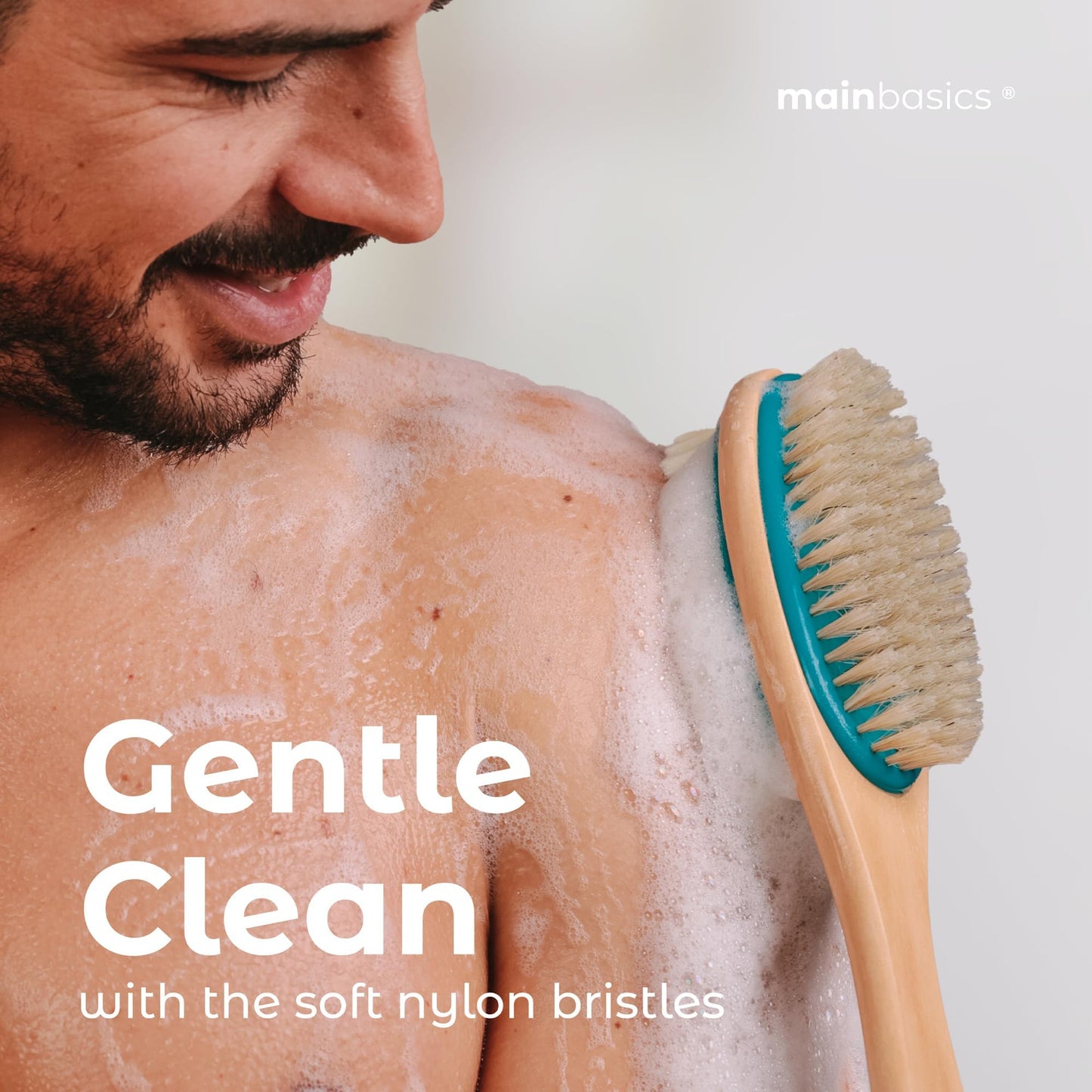 MainBasics Back Scrubber Shower Brush Long Handle Dual Sided Body Brush with Exfoliating Soft Bristles for Back Scrubbing Deep Cleaning and Body Wash