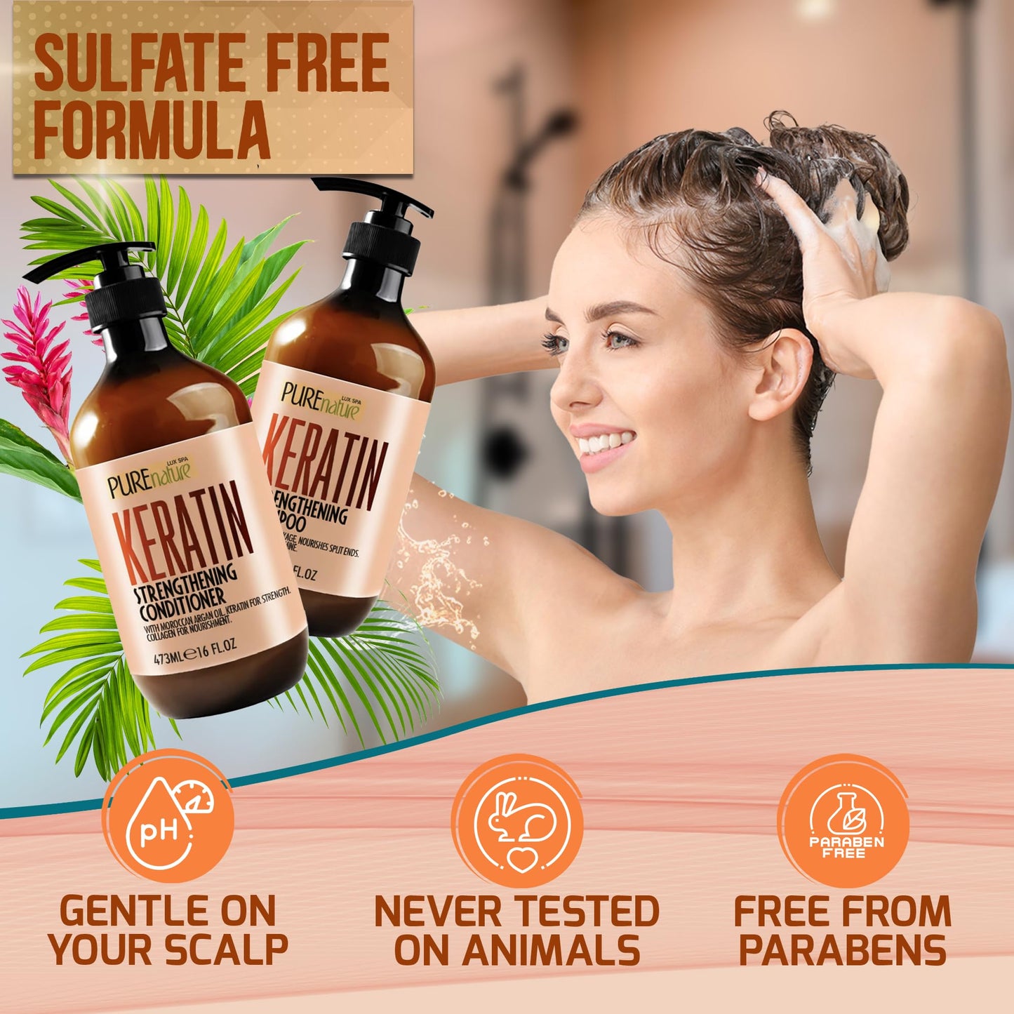 Keratin Shampoo and Conditioner Set - Sulfate and Paraben Free Treatment for Dry Hair - Anti Frizz, Collagen Enriched Formula for Curly or Damaged
