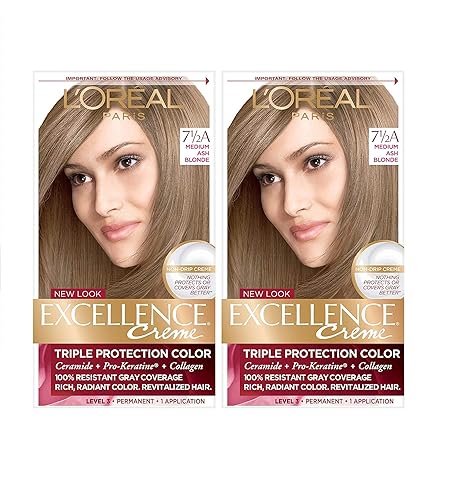 L'Oreal Paris Excellence Crème Permanent Hair Dye, Triple Care Hair Color with Pro-Keratine Complex for 100% Gray Hair Coverage, 7.5A Medium Ash