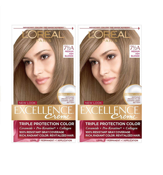 L'Oreal Paris Excellence Crème Permanent Hair Dye, Triple Care Hair Color with Pro-Keratine Complex for 100% Gray Hair Coverage, 7.5A Medium Ash