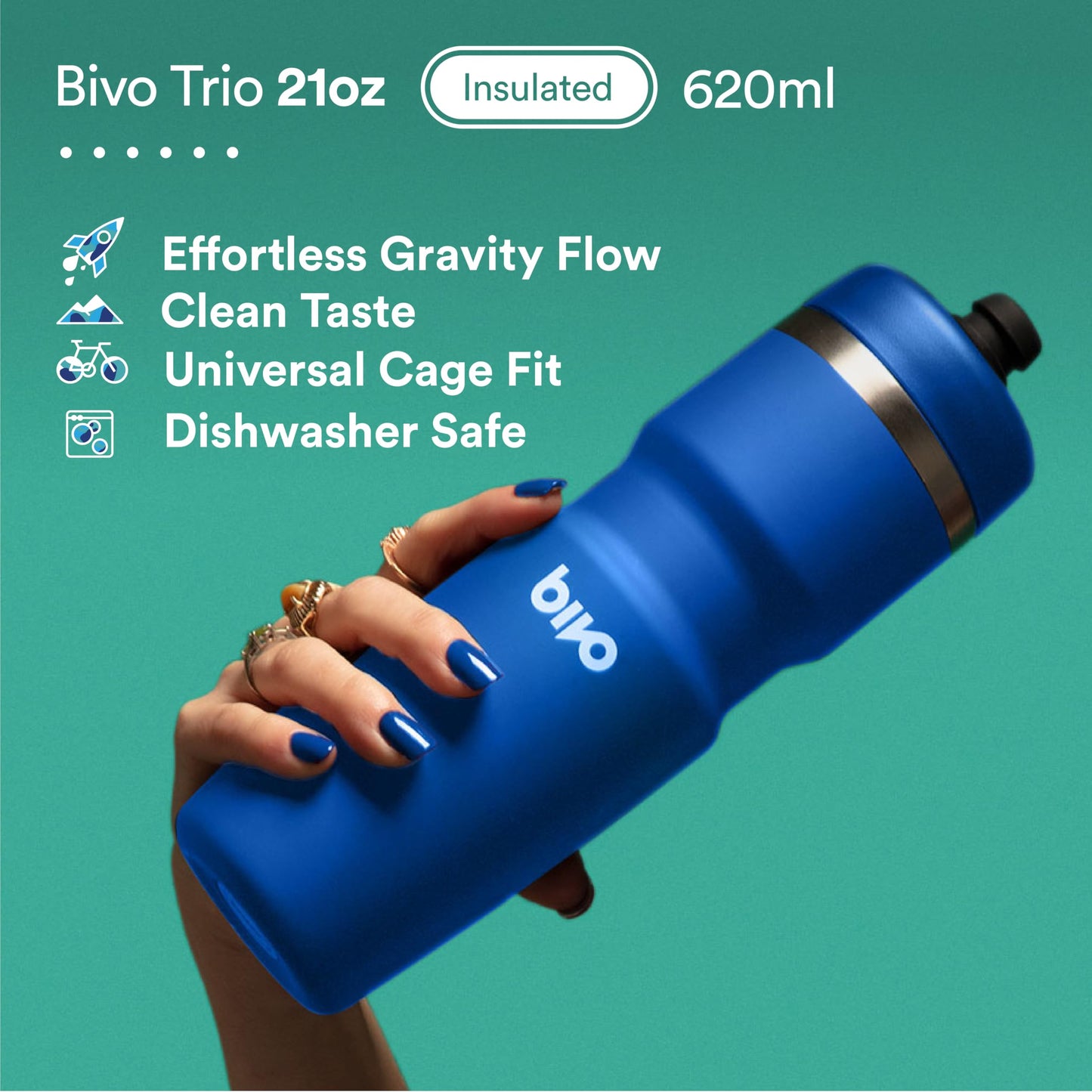 Bivo Trio 21oz Insulated Stainless Steel Bike Water Bottle - for Cycling - Fits Most Cages, Dishwasher Safe - Keeps Drinks Cold 12+ Hours - Black