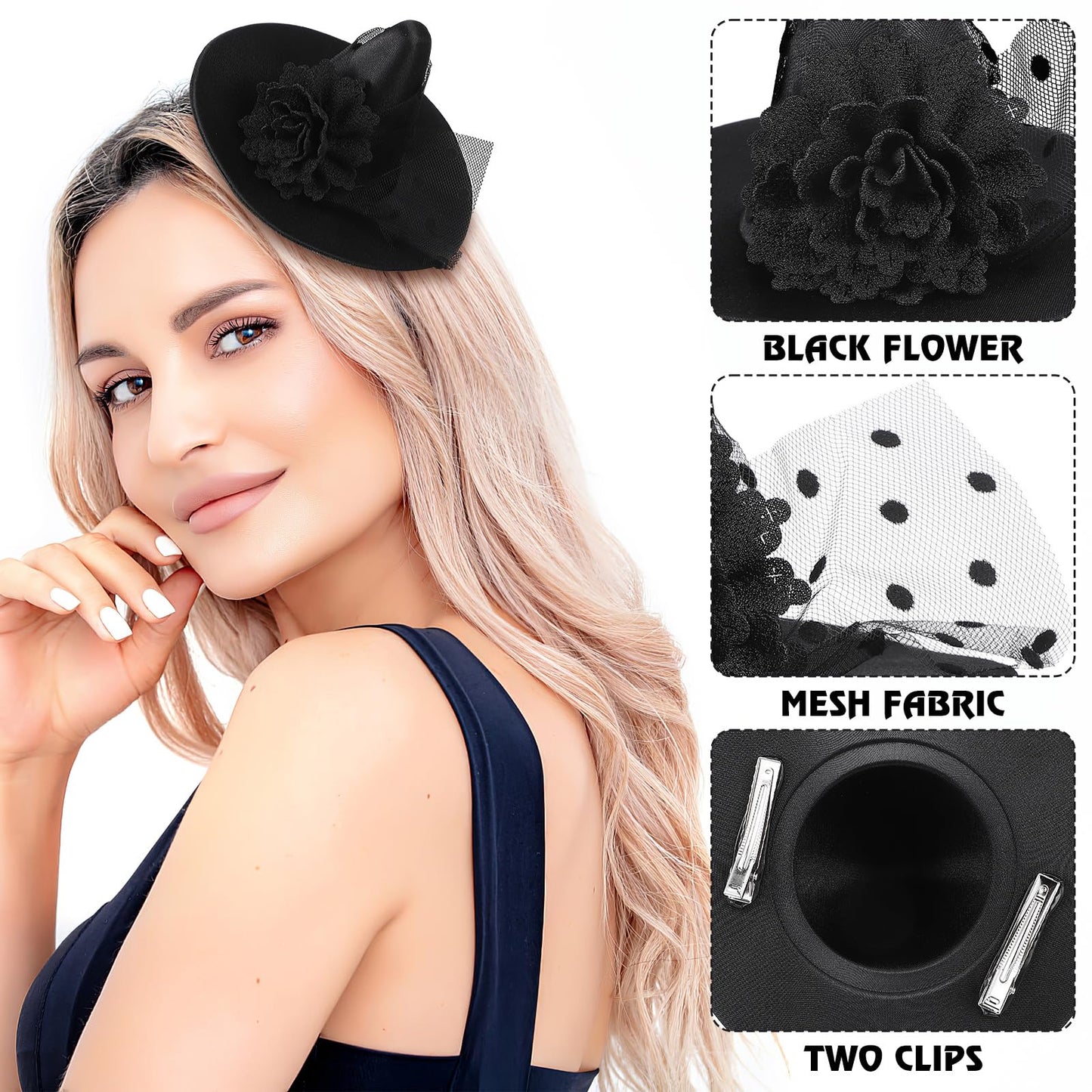 Small Witch Hat Retro Black Witch Flower Hair Clip Decorative Halloween Hair Accessories for Party (Black Flower)
