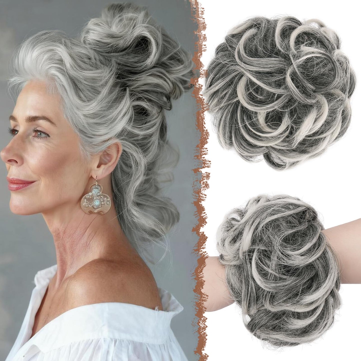 FESHFEN Large Messy Bun Hair Piece - Wavy Synthetic Chignon Scrunchies Elastic Ponytail Hair Extensions Thick Hairpieces for Women, Black Gray Beauty and Personal Care FESHFEN Default Title