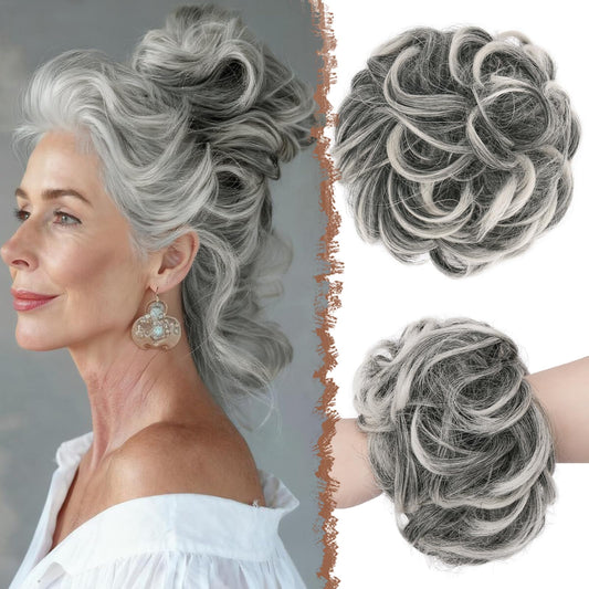 FESHFEN Large Messy Bun Hair Piece - Wavy Synthetic Chignon Scrunchies Elastic Ponytail Hair Extensions Thick Hairpieces for Women, Black Gray Beauty and Personal Care FESHFEN Default Title