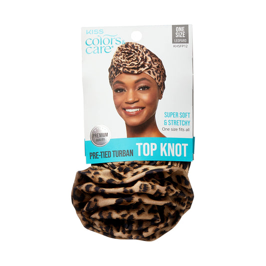 KISS COLORS & CARE Top Knot Pre-Tied Turban - Leopard - Stylish, Stretchy & Soft for Sleeping, Maximum Hair Protection, Minimizes Breakage