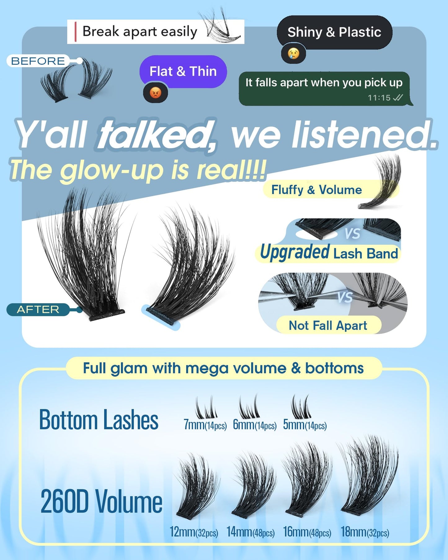 CORUSCATE 260D Lash Clusters Mink Eyelash Clusters with Bottom Lashes D Curl Cluster Eyelash Extensions Mega Volume 12-18mm Individual Lashes Full Beauty and Personal Care CORUSCATE
