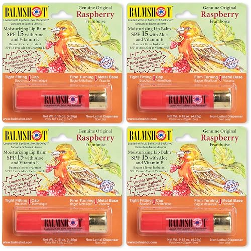 BALMSHOT Raspberry Lip Balm SPF 15 (4-Pack) - Beeswax Chapstick for Dry Chapped Lips, 20-Gauge Brass Shotgun Shell Tube, Heat Resistant, Long Lasting