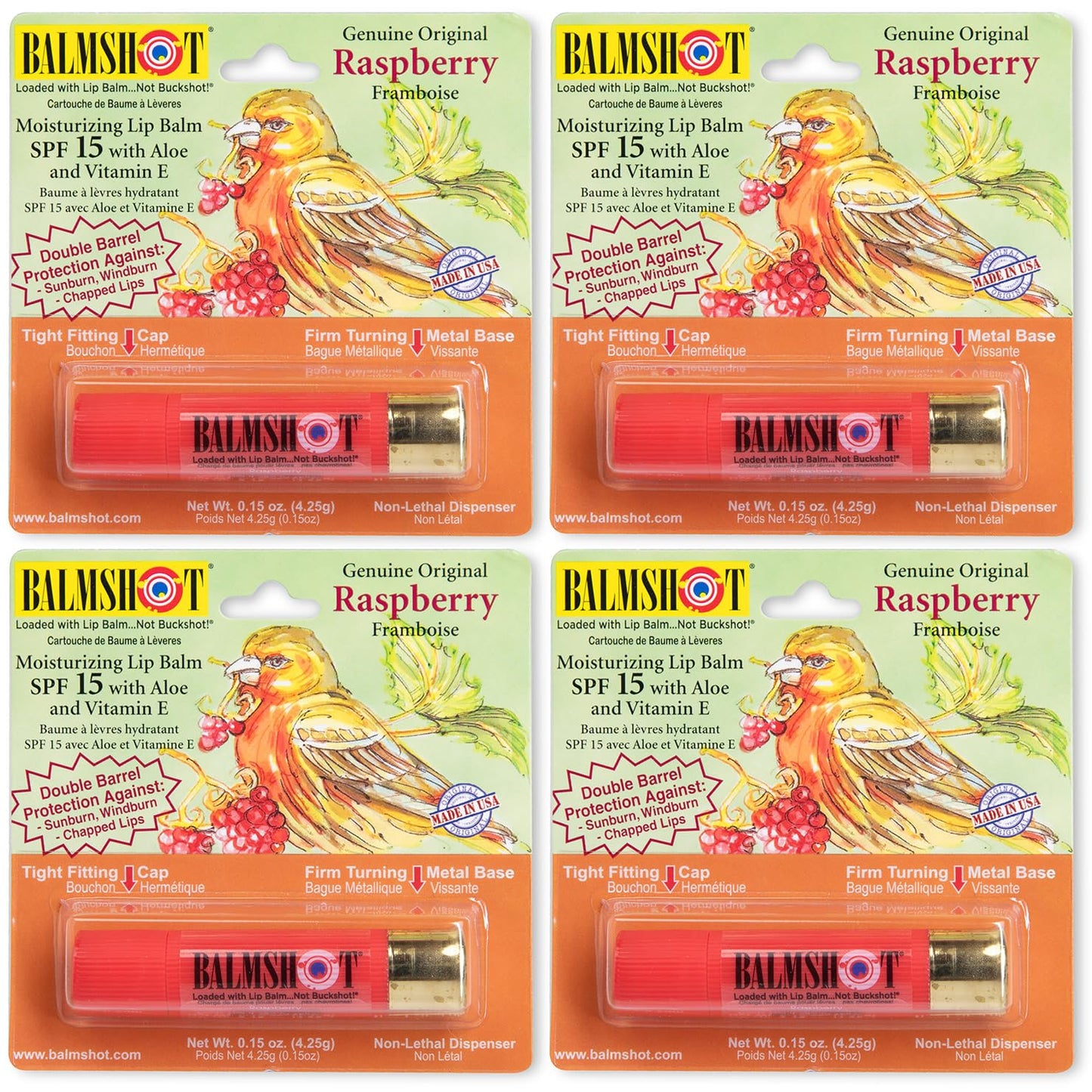 BALMSHOT Raspberry Lip Balm SPF 15 (4-Pack) - Beeswax Chapstick for Dry Chapped Lips, 20-Gauge Brass Shotgun Shell Tube, Heat Resistant, Long Lasting