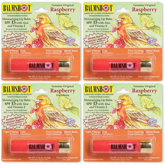 BALMSHOT Raspberry Lip Balm SPF 15 (4-Pack) - Beeswax Chapstick for Dry Chapped Lips, 20-Gauge Brass Shotgun Shell Tube, Heat Resistant, Long Lasting