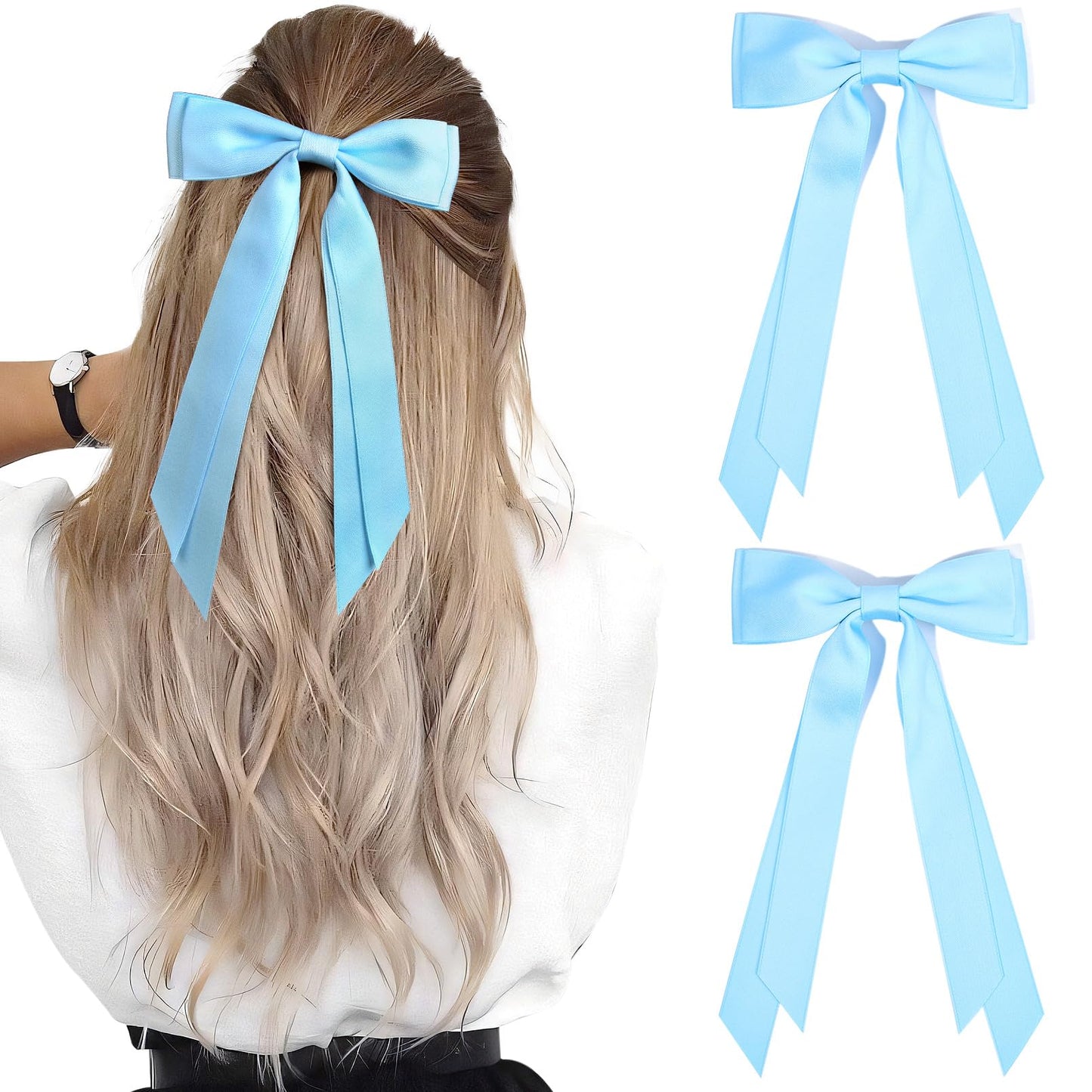 2PCS Silky Satin Hair Bows Hair Clip Blue Hair Ribbon Ponytail Holder Accessories Slides Metal Clips Hair Bow for Women Girls Toddlers Teens Kids Beauty and Personal Care Aileam Default Title