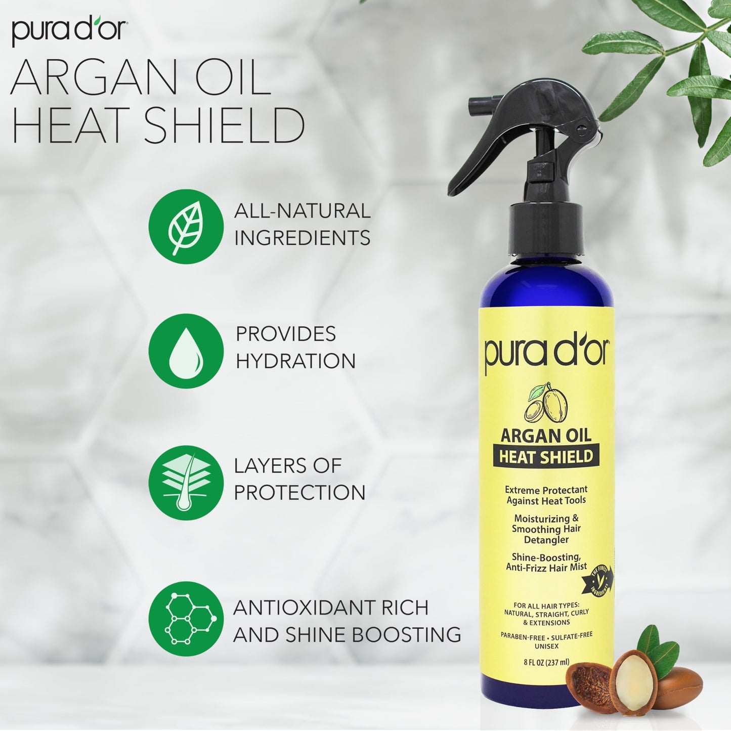 PURA D'OR 8 Oz Argan Oil Heat Shield Protectant Spray with Select Organic Ingredients, Protects Up To 450º F From Flat Iron & Hot Blow Dry, Leave-In