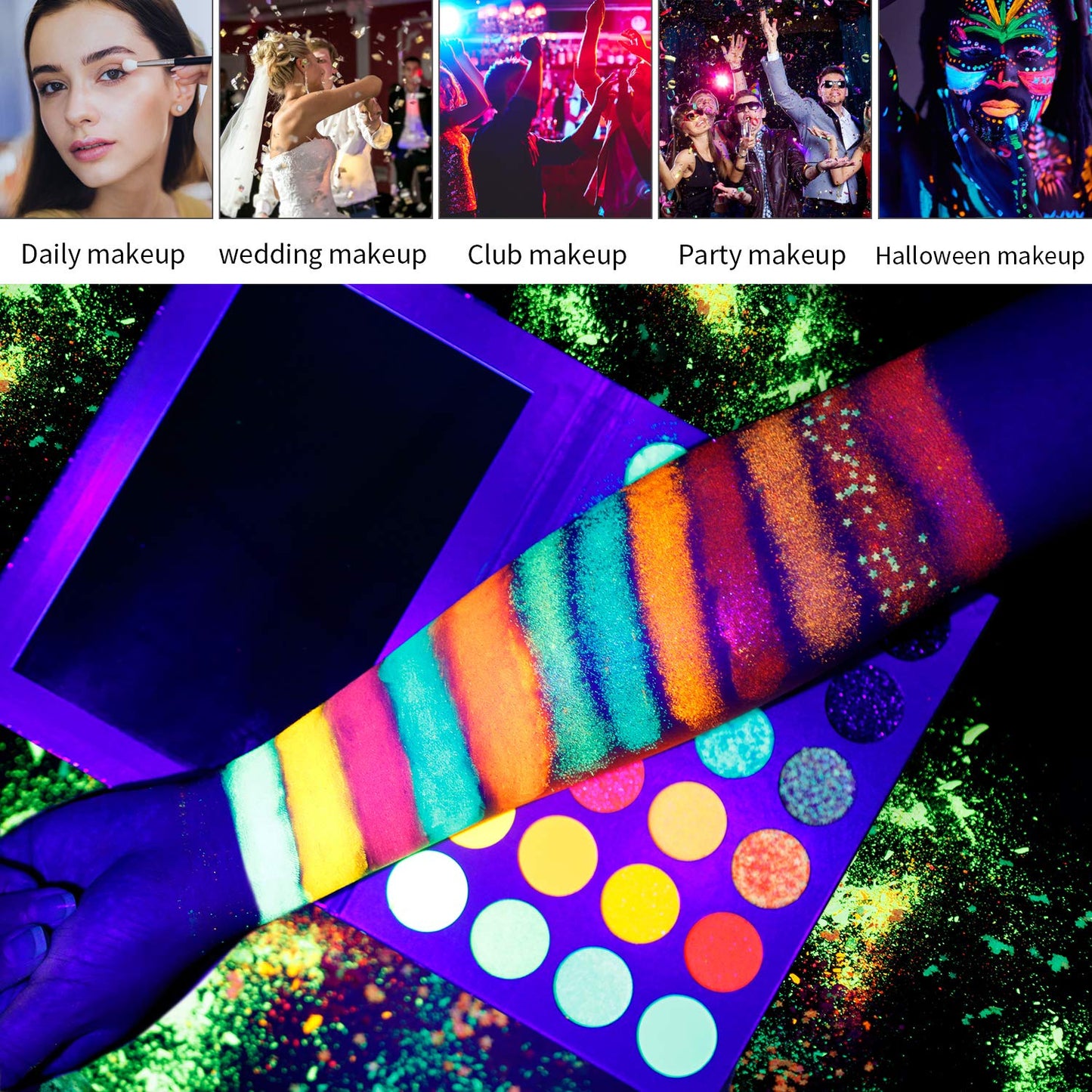 DE'LANCI Neon Eyeshadow Palette Glow in the Dark, Aurora Glow Eyeshadow Pallets Stage, Halloween Christmas Makeup Kit UV Blacklight Matte and Glitter